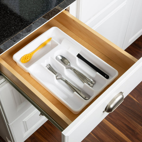 Plastic 5-Compartment Kitchen Drawer Organizer for Cutlery and Flatware, White, 9 in x 13.5 in