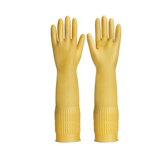 ASTHA INTERNATIONAL Reusable Waterproof Dishwashing Gloves, Non-Slip Kitchen Cleaning Gloves, Elbow Length (Yellow, Medium, 1 Pair)