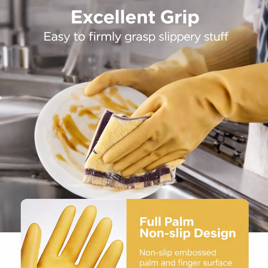 ASTHA INTERNATIONAL Reusable Waterproof Dishwashing Gloves, Non-Slip Kitchen Cleaning Gloves, Elbow Length (Yellow, Medium, 1 Pair)