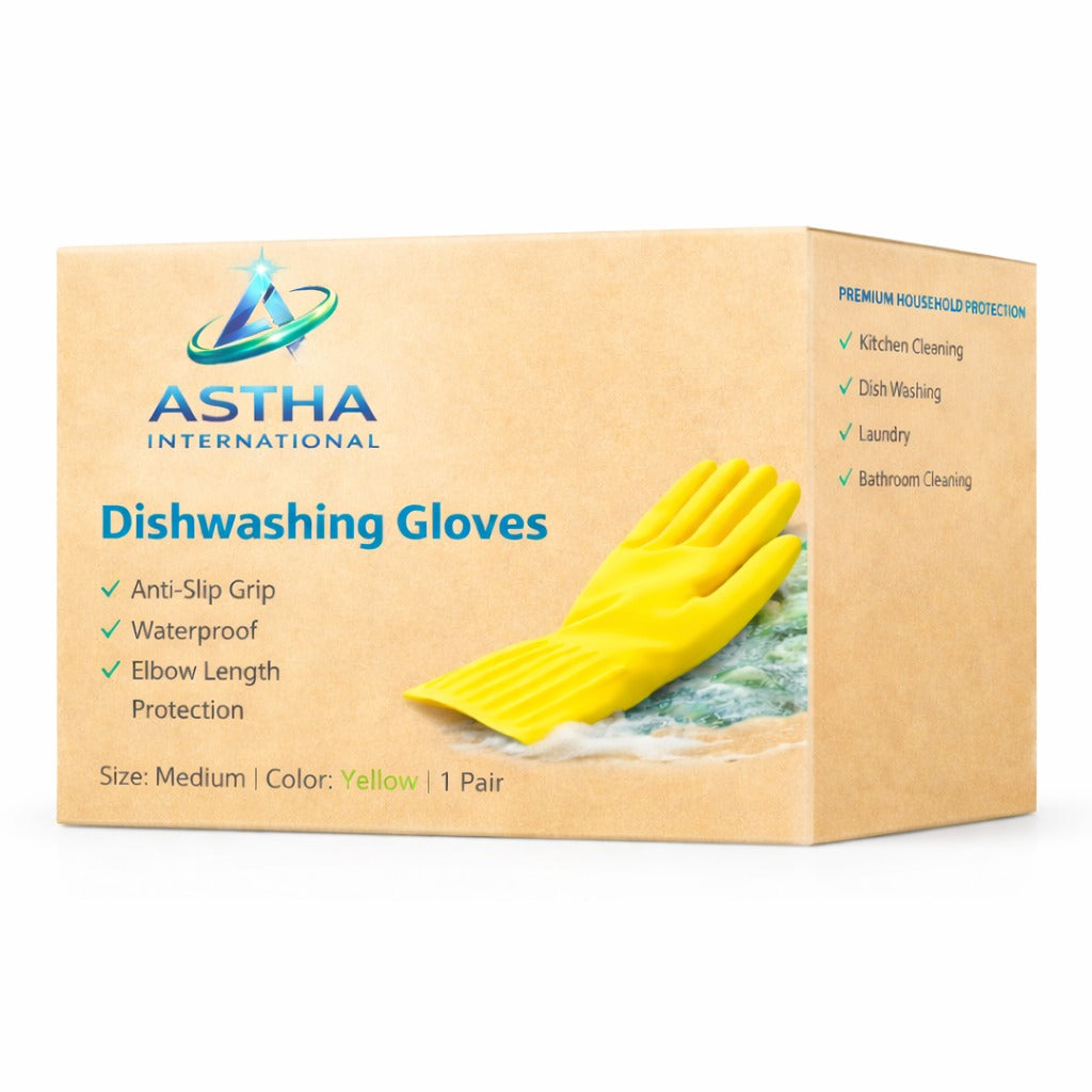 ASTHA INTERNATIONAL Reusable Waterproof Dishwashing Gloves, Non-Slip Kitchen Cleaning Gloves, Elbow Length (Yellow, Medium, 1 Pair)